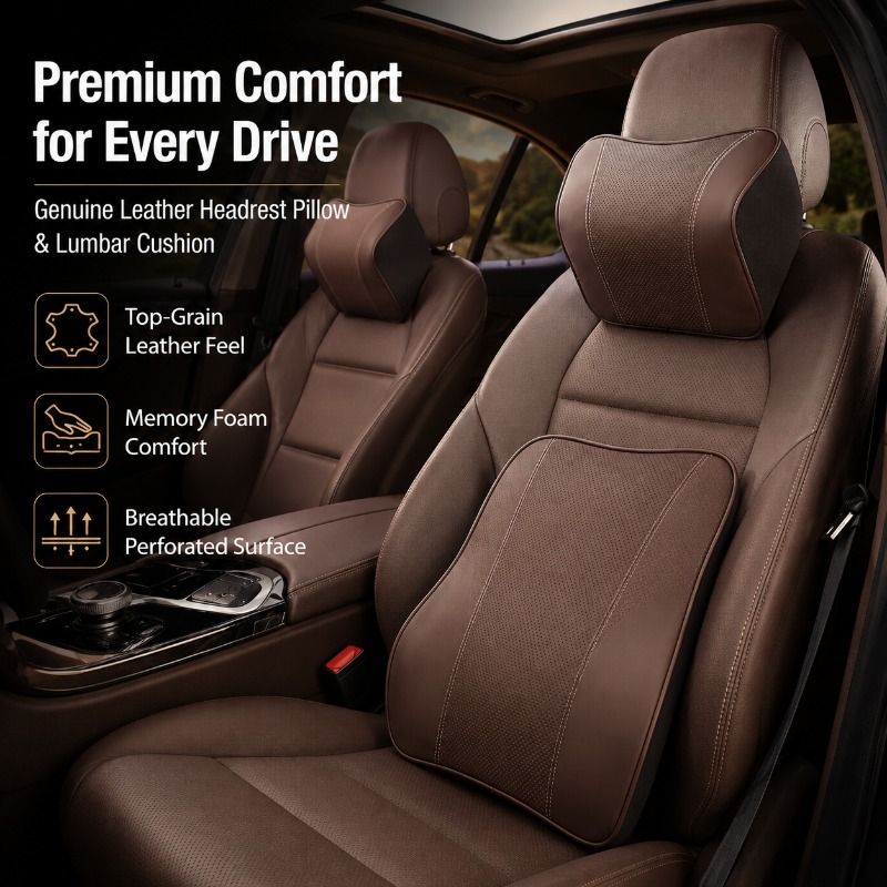 Memory Foam Car Neck Pillow Lumbar Support - Memory-Schaum Auto-Nackenkissen Lendenwirbelstütze Echtleder-Sitzrückenlehne für Autos