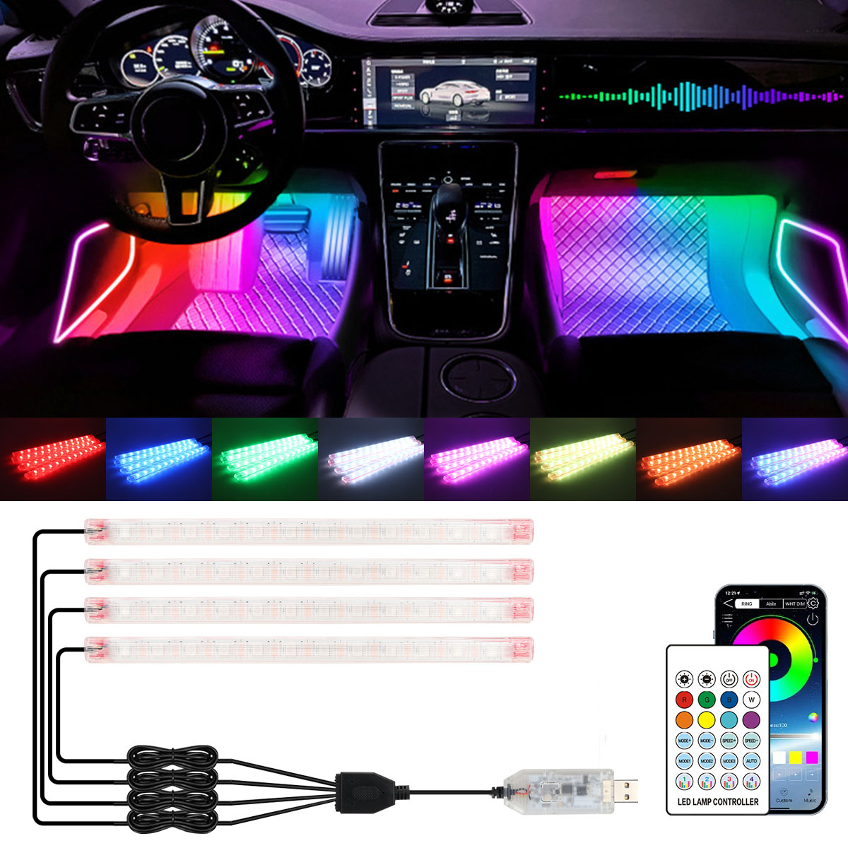 Led Ambient Interior Car Lights App Control - 2/4in1 12/18 LED RGB Regenbogen Atmosphären-Dekorationslampe